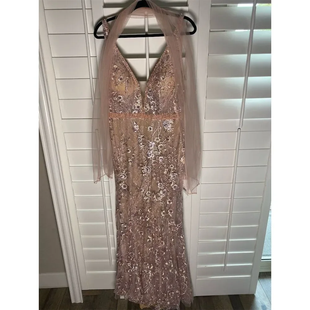 $598 Mac Duggal Women's Size 10 Pink Floral Embellished Sleeveless Gown - Picture 4 of 8